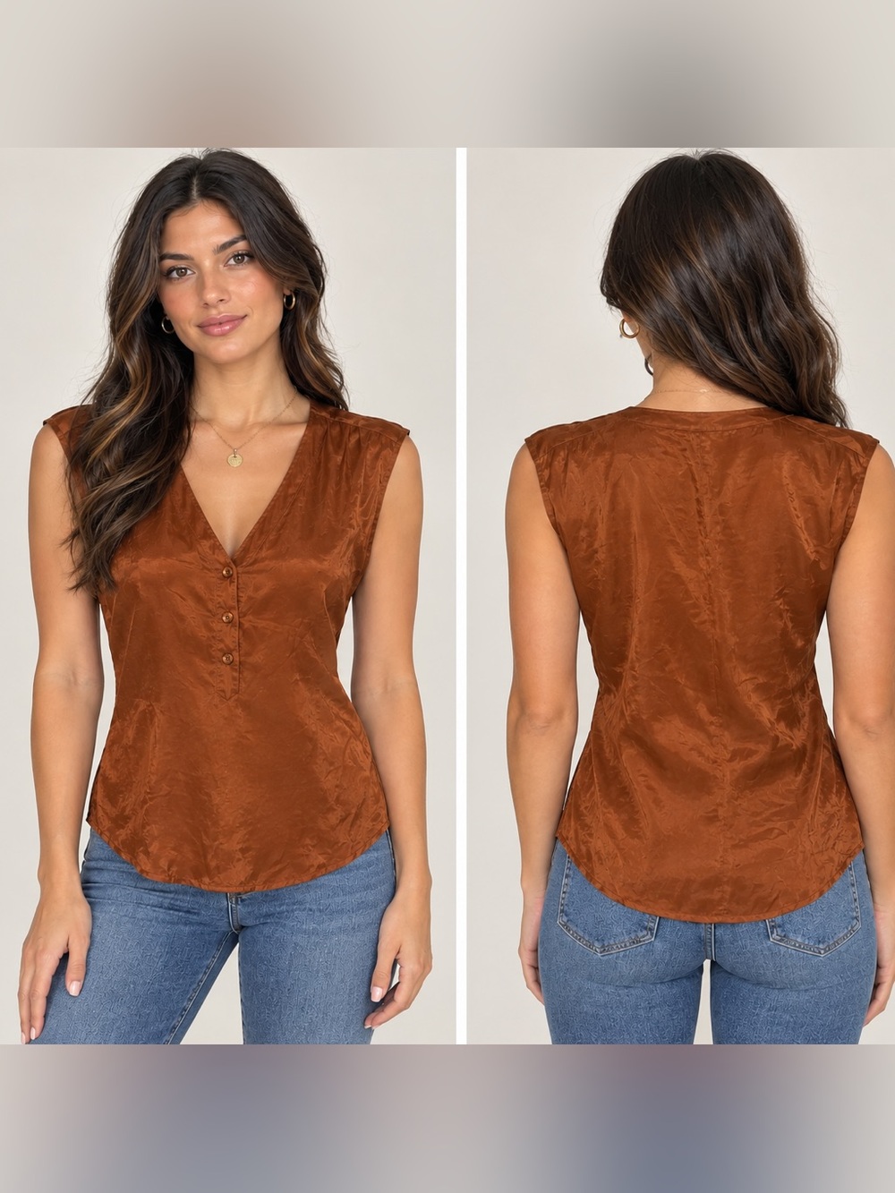 100% SILK Back road Blues Sleeveless V-Neck Button Front Top - Rust